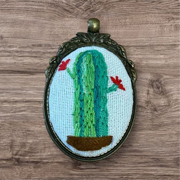 Embroidery Barrel Cactus Pendant ~ Handmade Jewelry - Picture 1 of 4